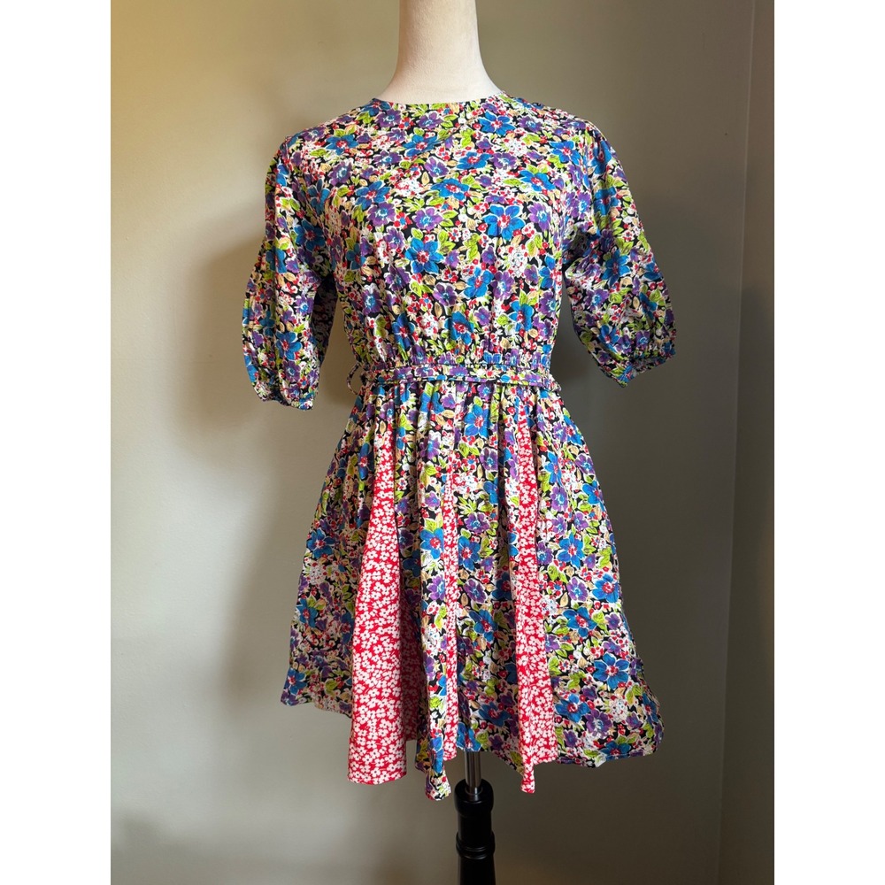 Whimsi boho cottage Mixed Puff Sleeve Mini Dress Multi dainty floral blue M Red